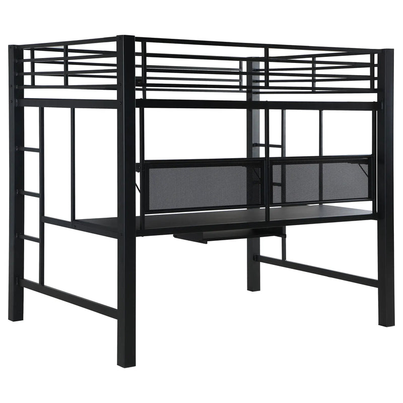 Ranier - Full Workstation Loft Bed, Full Length Desk, Safety Rails And Storage Shelves - Black by HouseOfZazla
