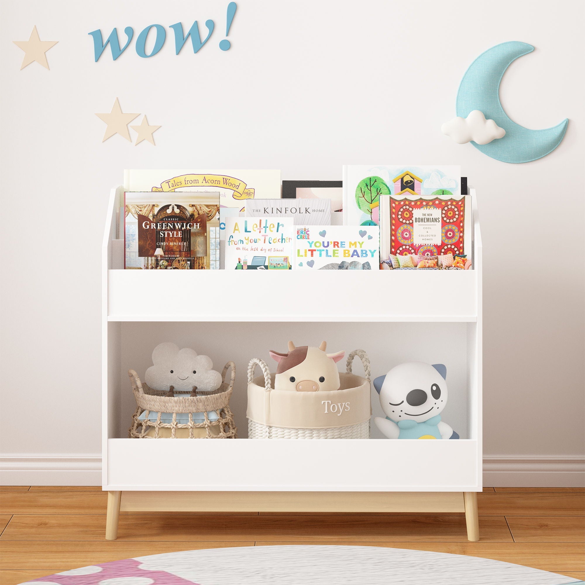 Bookcase Organizer With Storage, 3 Tier Toddler Book Display Shelf For Playroom - White by Unique Piece Furniture