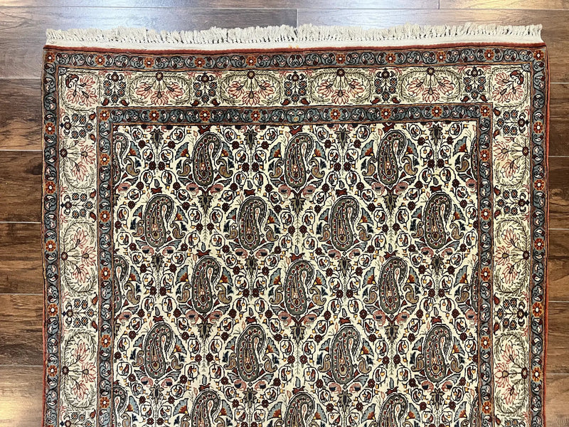 Persian Qum Rug 5x6, Cream Wool Hand Knotted Carpet, Repeated Boteh Paisely Design, Semi Antique Vintage Rug, Very Fine Weave 5 x 6 Rug by Jewel Rugs