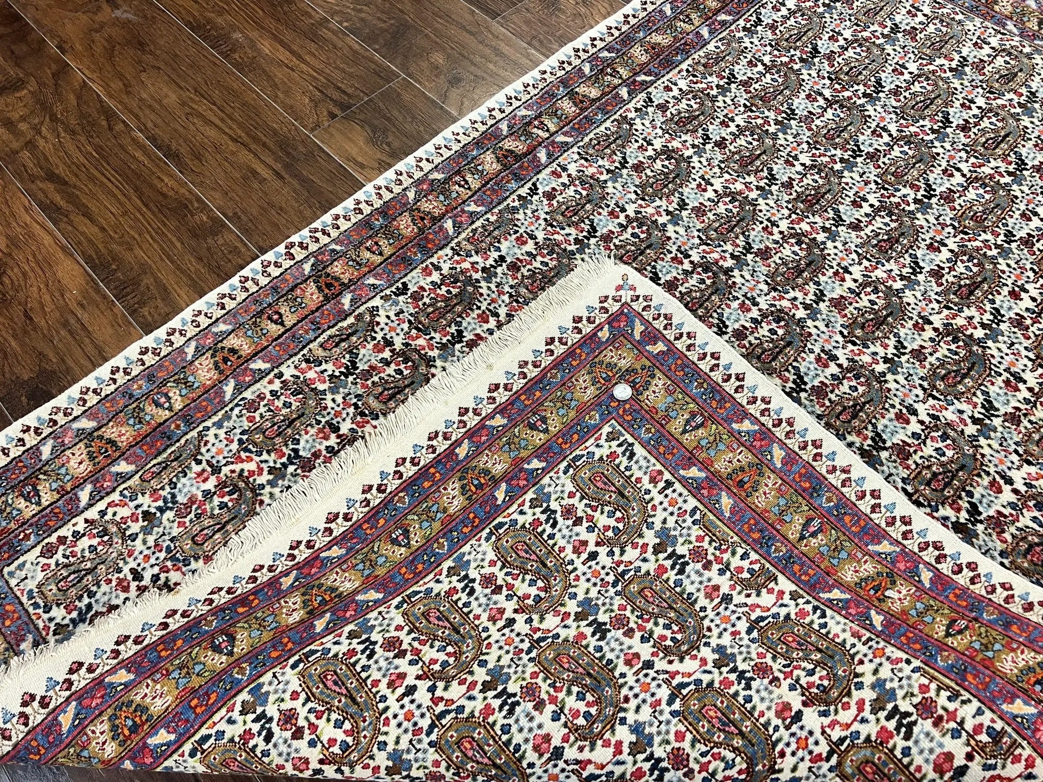 Persian Rug 4x6, Mashad Kashmar Rug, Boteh Paisley Design, Allover Repeated Pattern, Ivory Hand Knotted Vintage Semi Antique Persian Oriental Carpet by Jewel Rugs