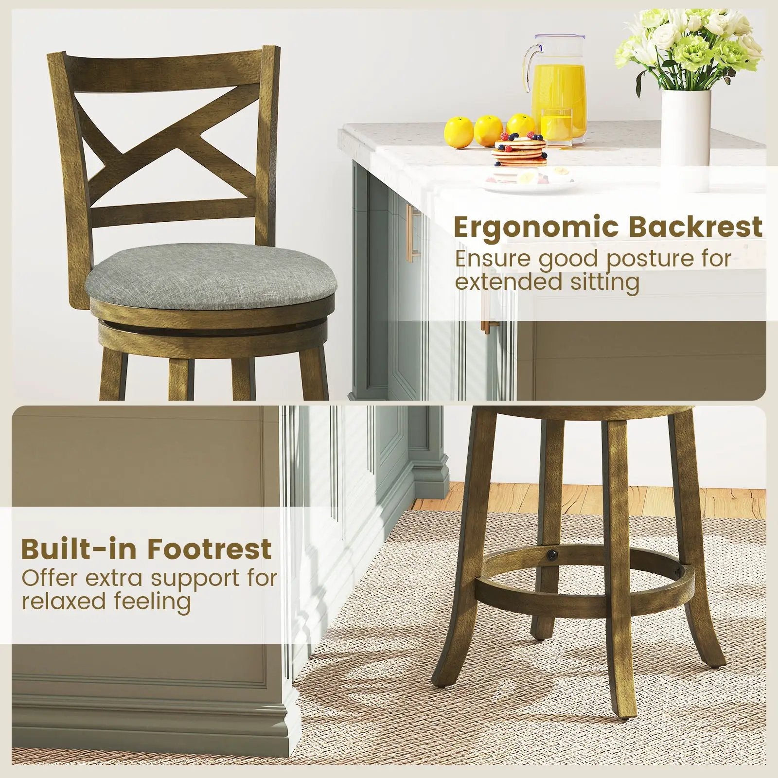 25/30 Inch Swivel Bar Stools Set of 2 with Backrests and Wood Frame by DirectDeals