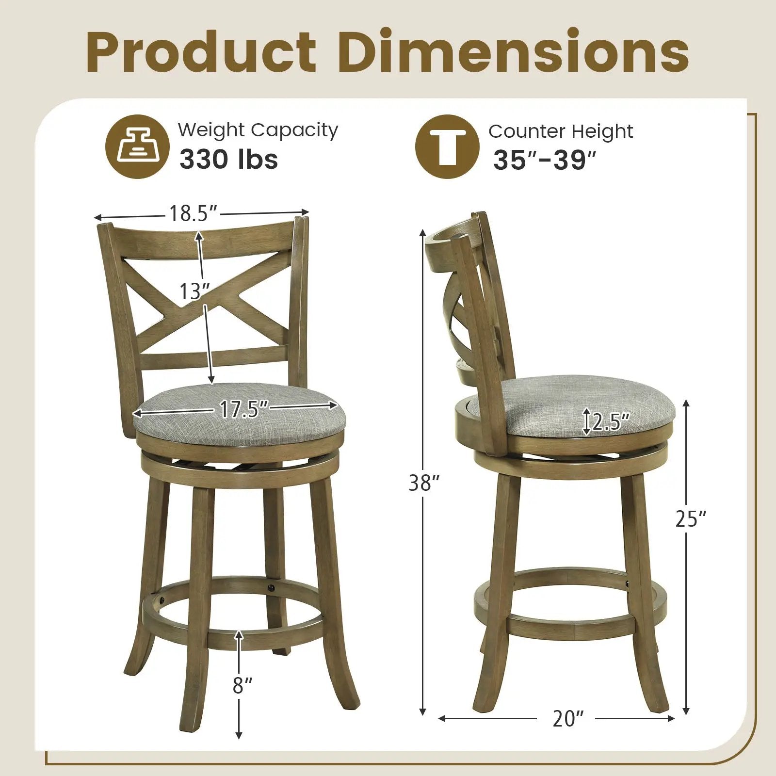 25/30 Inch Swivel Bar Stools Set of 2 with Backrests and Wood Frame by DirectDeals