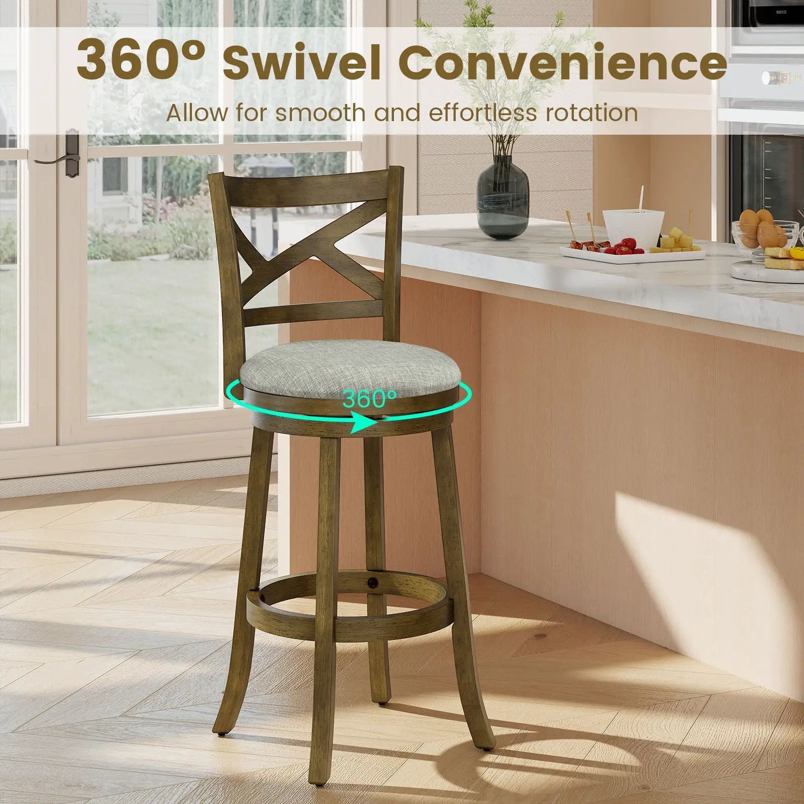 25/30 Inch Swivel Bar Stools Set of 2 with Backrests and Wood Frame by DirectDeals