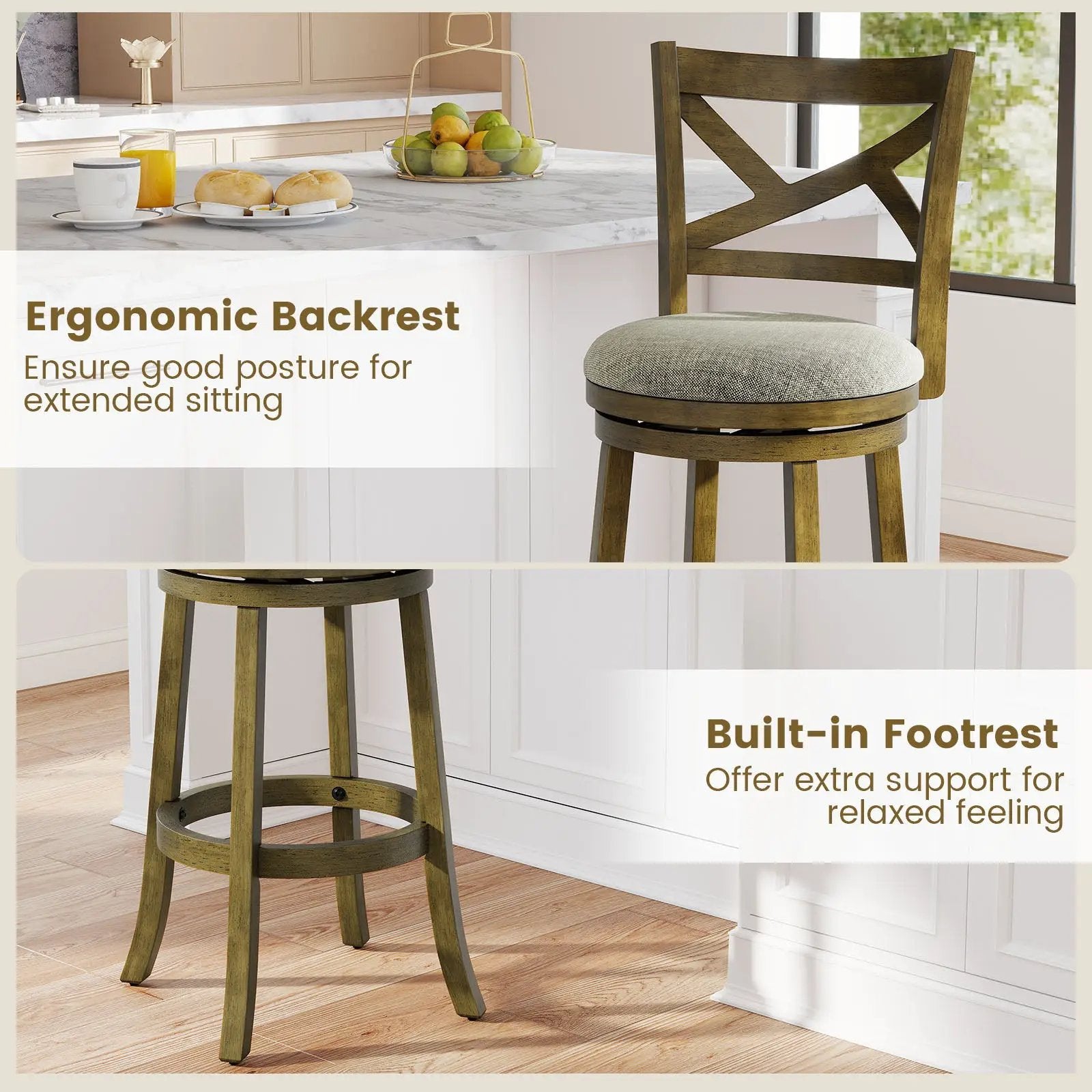 25/30 Inch Swivel Bar Stools Set of 2 with Backrests and Wood Frame by DirectDeals