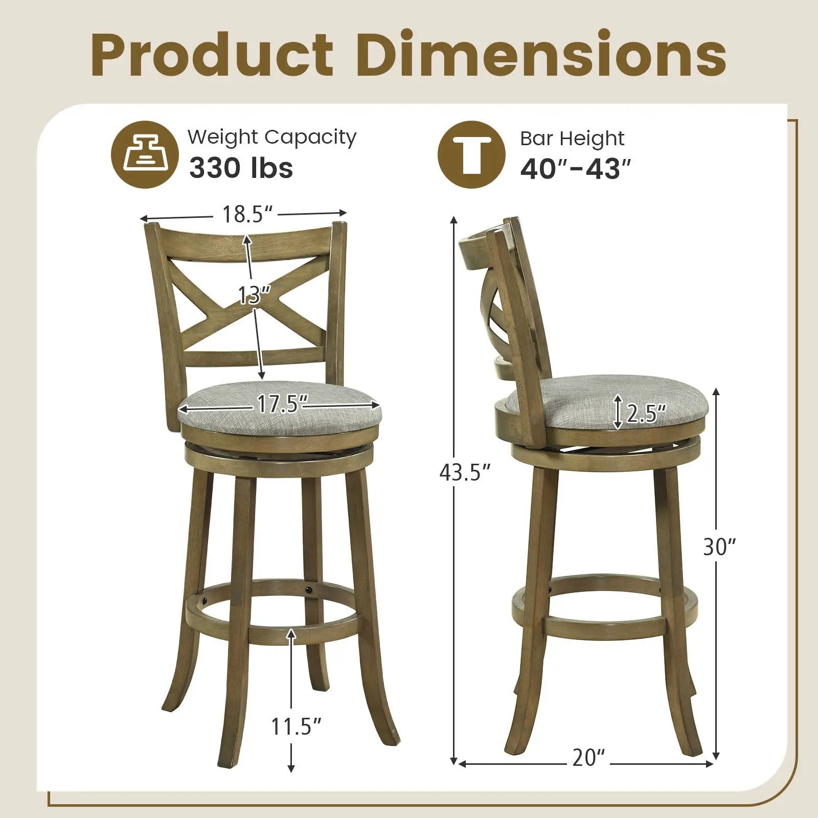 25/30 Inch Swivel Bar Stools Set of 2 with Backrests and Wood Frame by DirectDeals