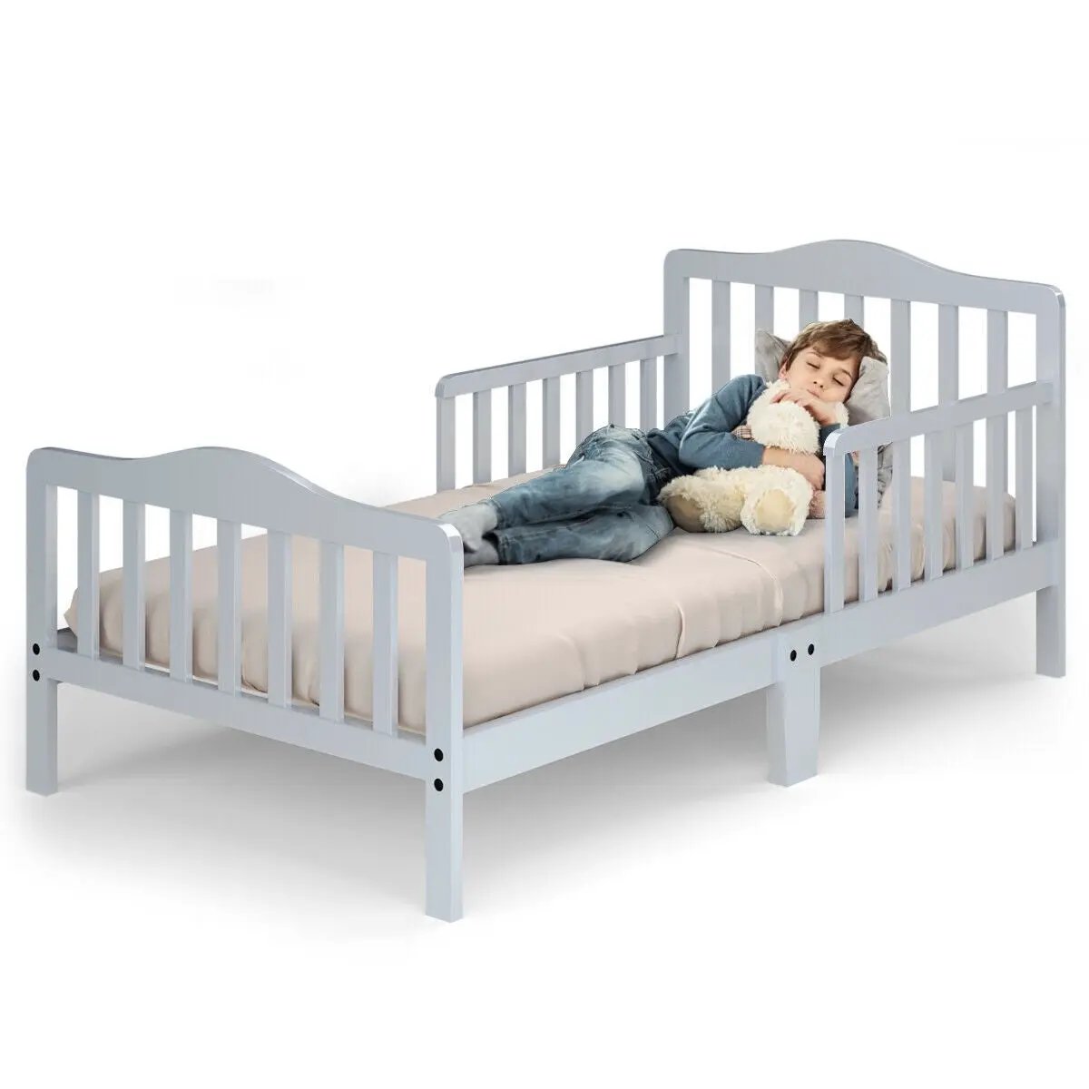 Classic Design Kids Wood Toddler Bed Frame with Two Side Safety Guardrails by DirectDeals