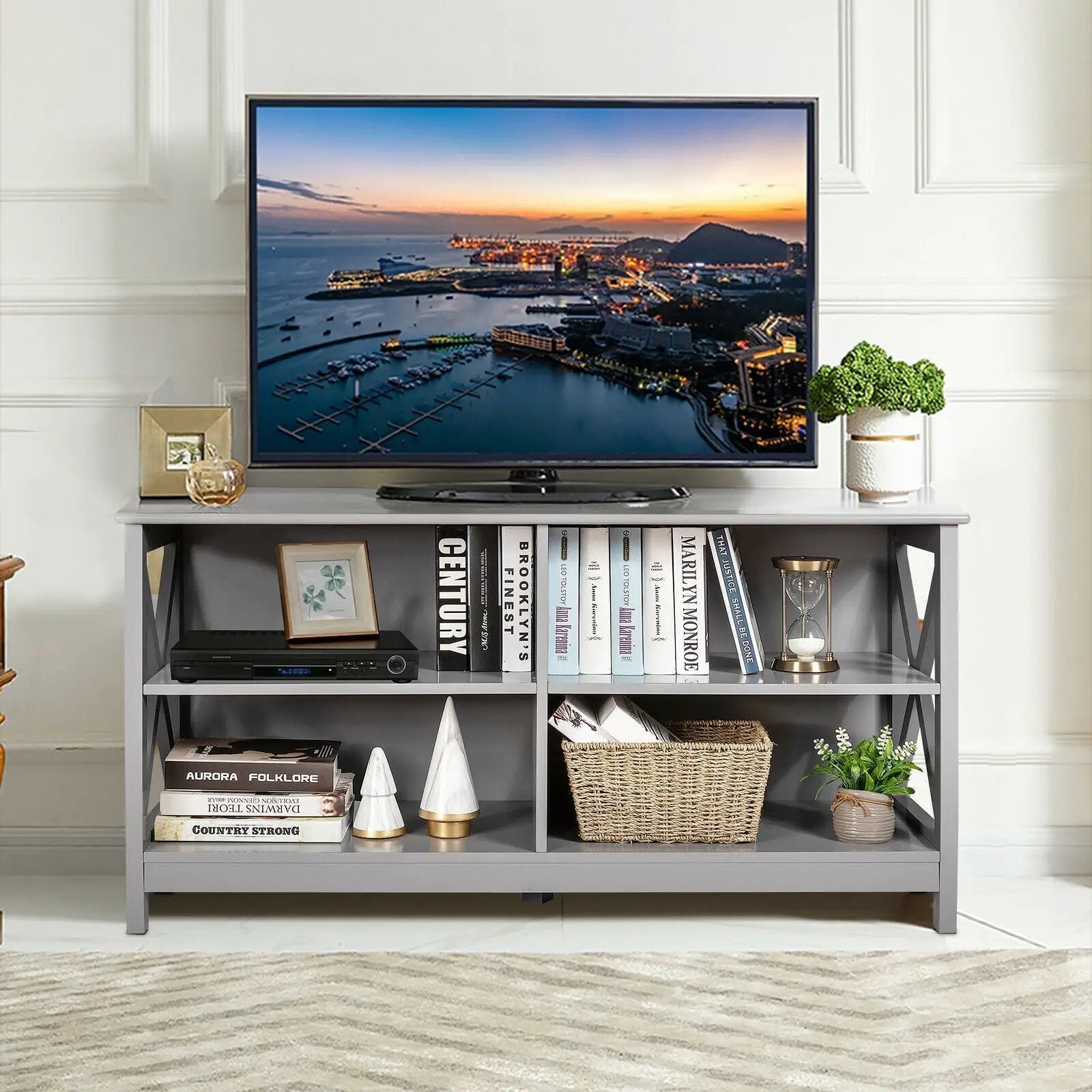 Wooden TV Stand Entertainment for TVs up to 55 Inch with X-Shaped Frame by DirectDeals