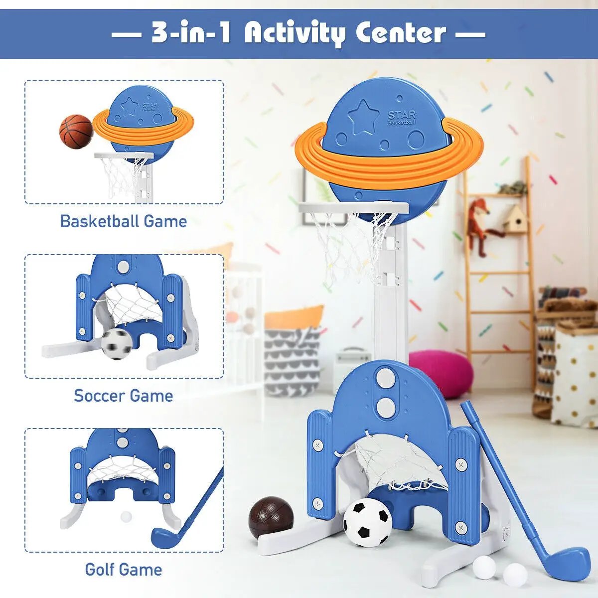 3 in 1 Height Adjustable Kids Basketball Hoop Set with Balls by DirectDeals