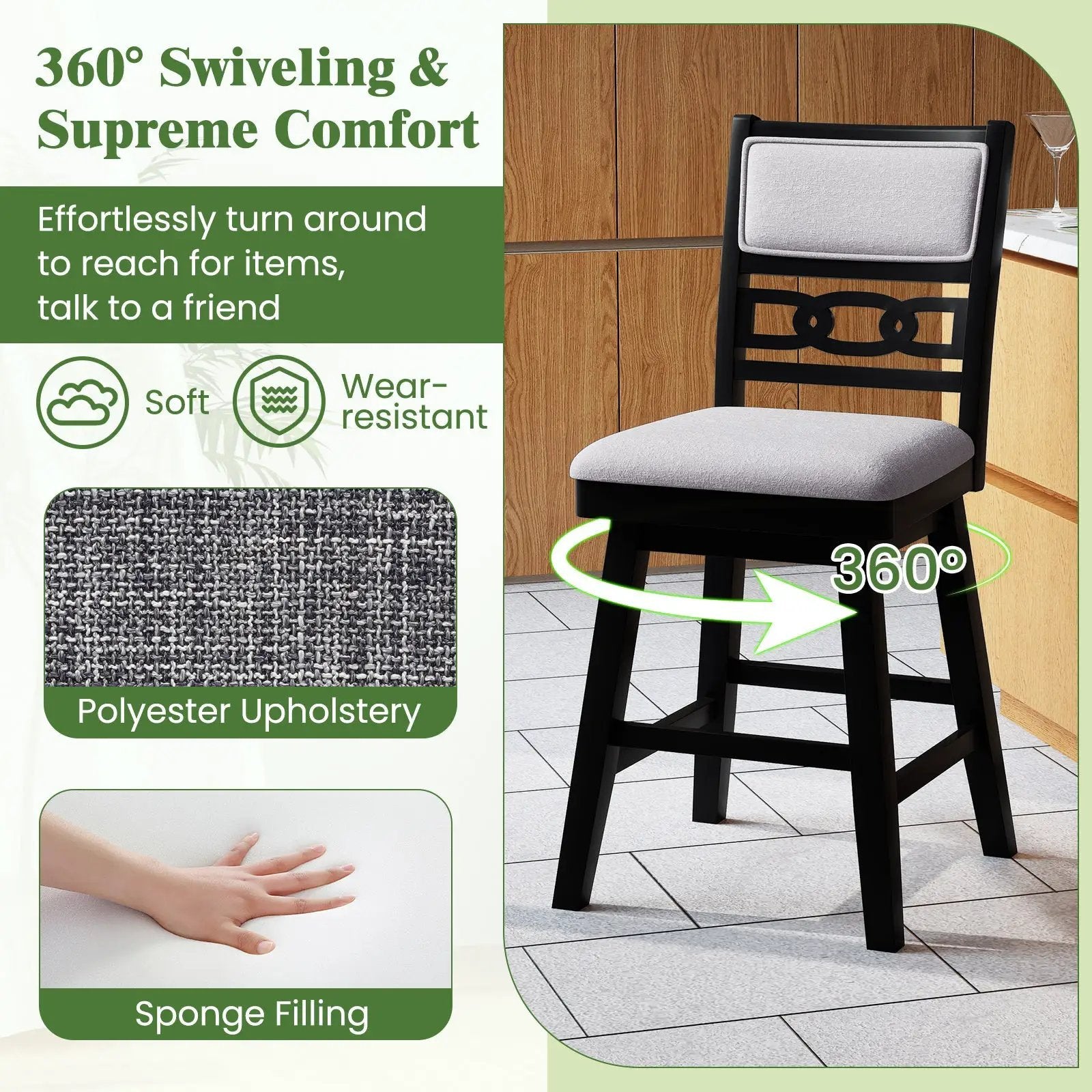 25 Inch Bar Stools Set of 2 with Upholstered Backrest and 360¬∞ Rotation Seat-Black by DirectDeals
