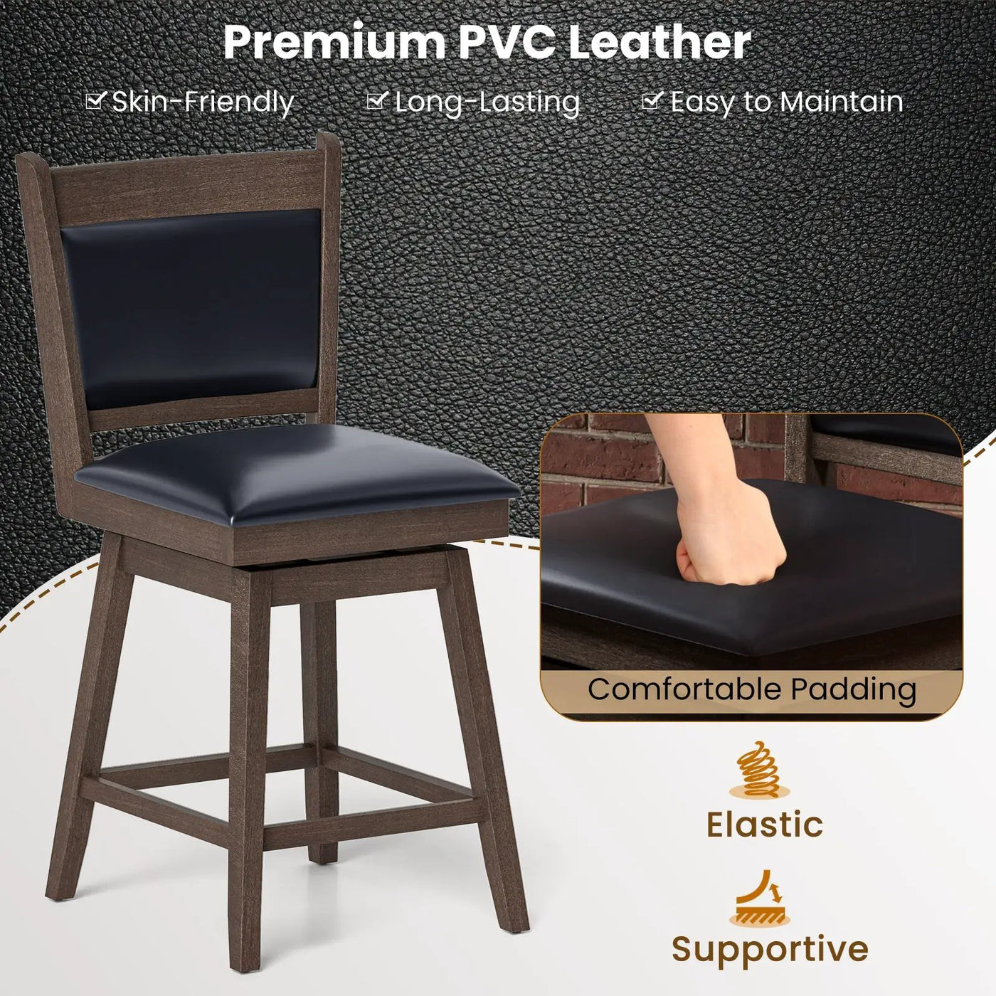 25/29 Inch Padded Bar Stools Set of 2 with Swivel Seat and Footrest by DirectDeals