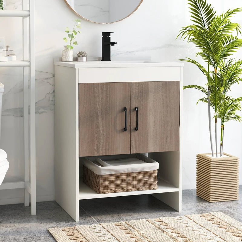25 Inch Bathroom Vanity Sink Combo Cabinet with Doors and Open Shelf-Gray by DirectDeals