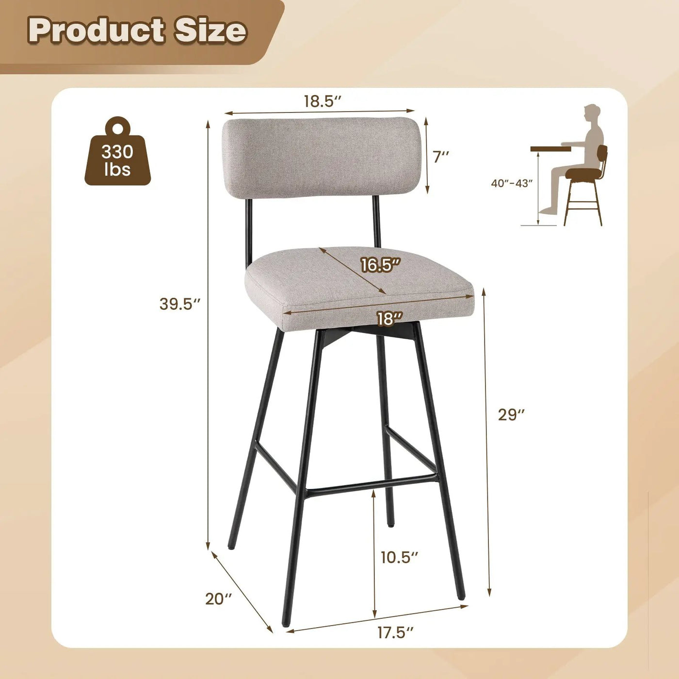 29 Inch Counter Height Upholstered Swivel Bar Stool Set of 2 by DirectDeals