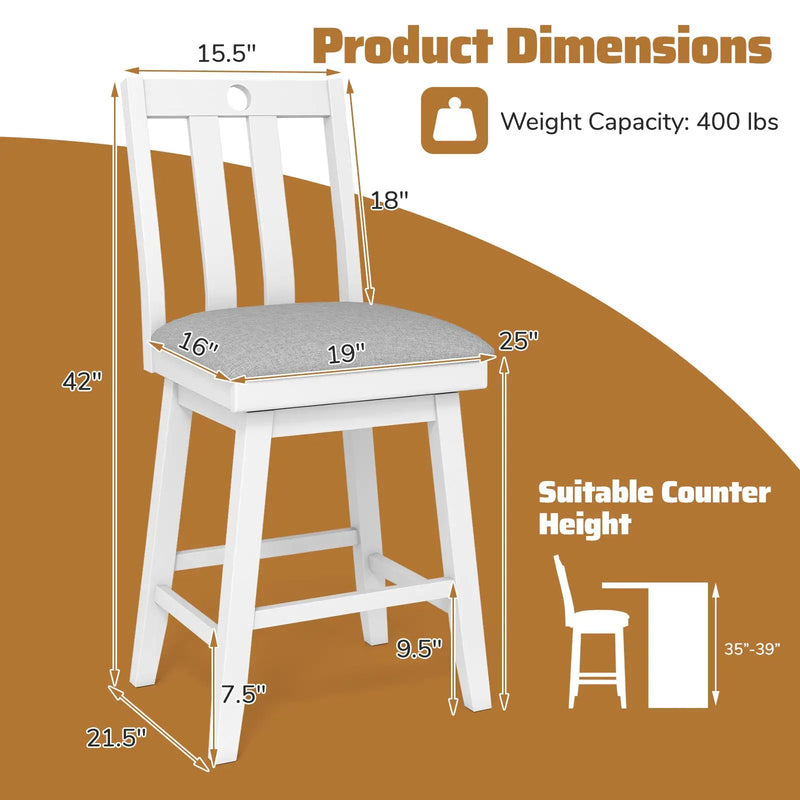 25 Inch Modern Bar Stools Set of 2 with Upholstered and 360¬∞ Rotation Seat-White by DirectDeals