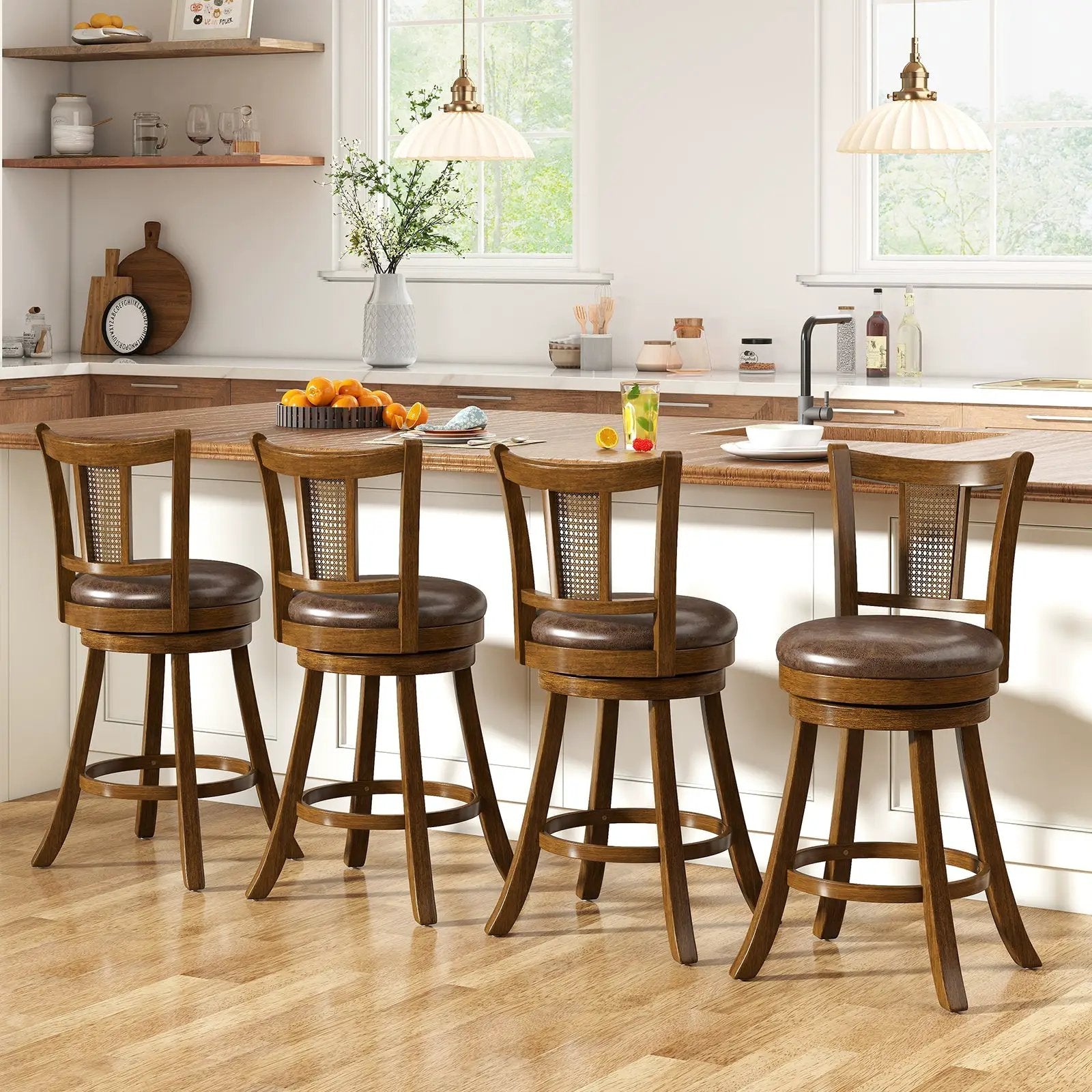 Swivel Bar Stools Set of 2 with Rattan Backrest - Brown by DirectDeals