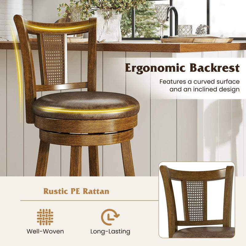 Swivel Bar Stools Set of 2 with Rattan Backrest - Brown by DirectDeals