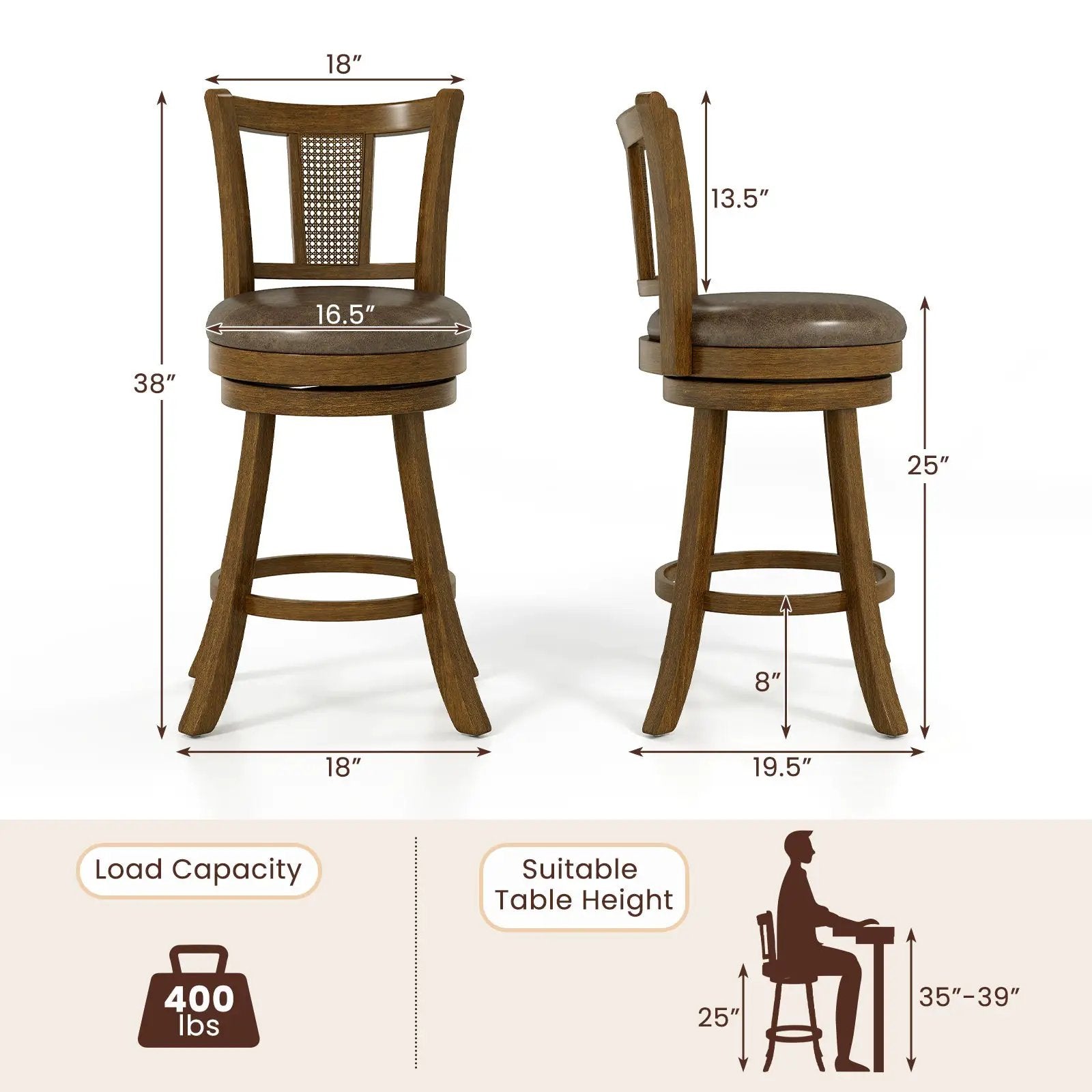 Swivel Bar Stools Set of 2 with Rattan Backrest - Brown by DirectDeals
