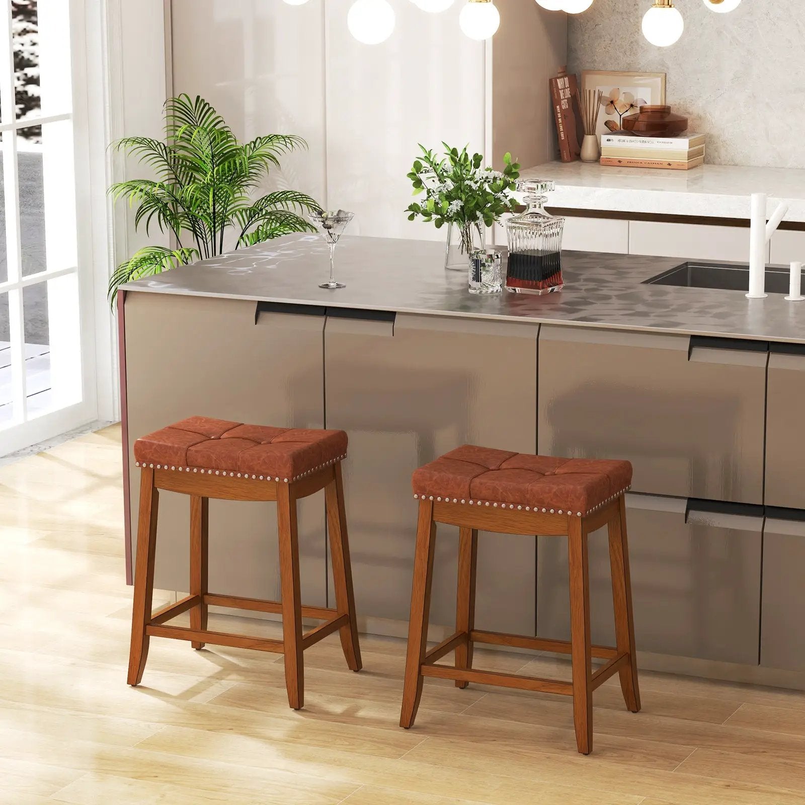 25/29 Inch Set of 2 Upholstered PU Leather Bar Stools with Saddle Seat by DirectDeals