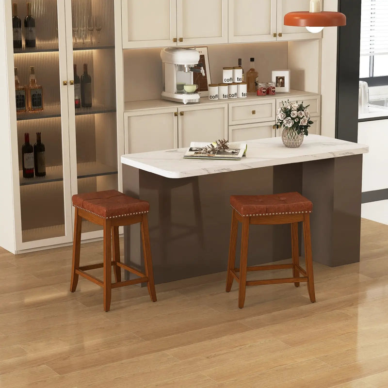 25/29 Inch Set of 2 Upholstered PU Leather Bar Stools with Saddle Seat by DirectDeals