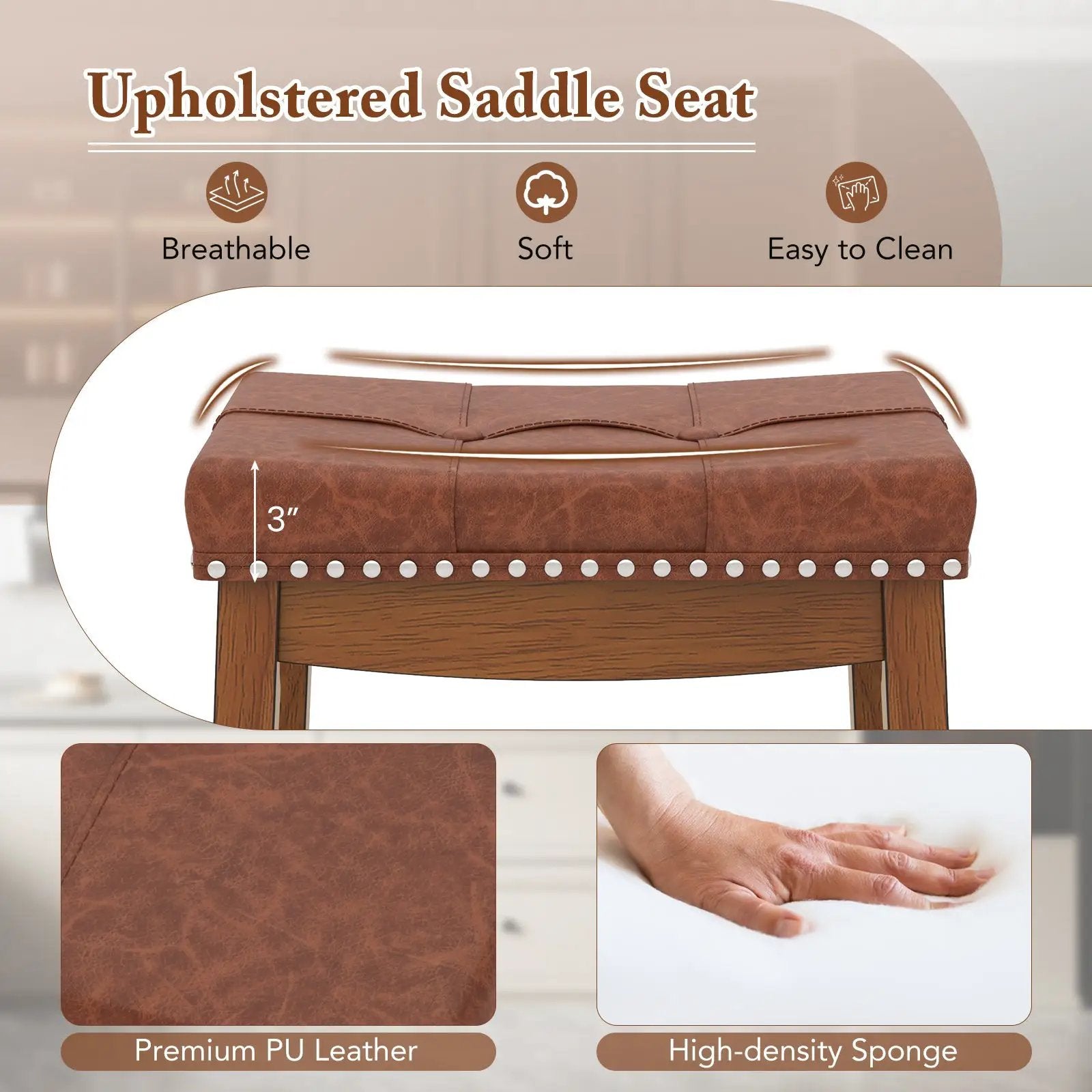 25/29 Inch Set of 2 Upholstered PU Leather Bar Stools with Saddle Seat by DirectDeals