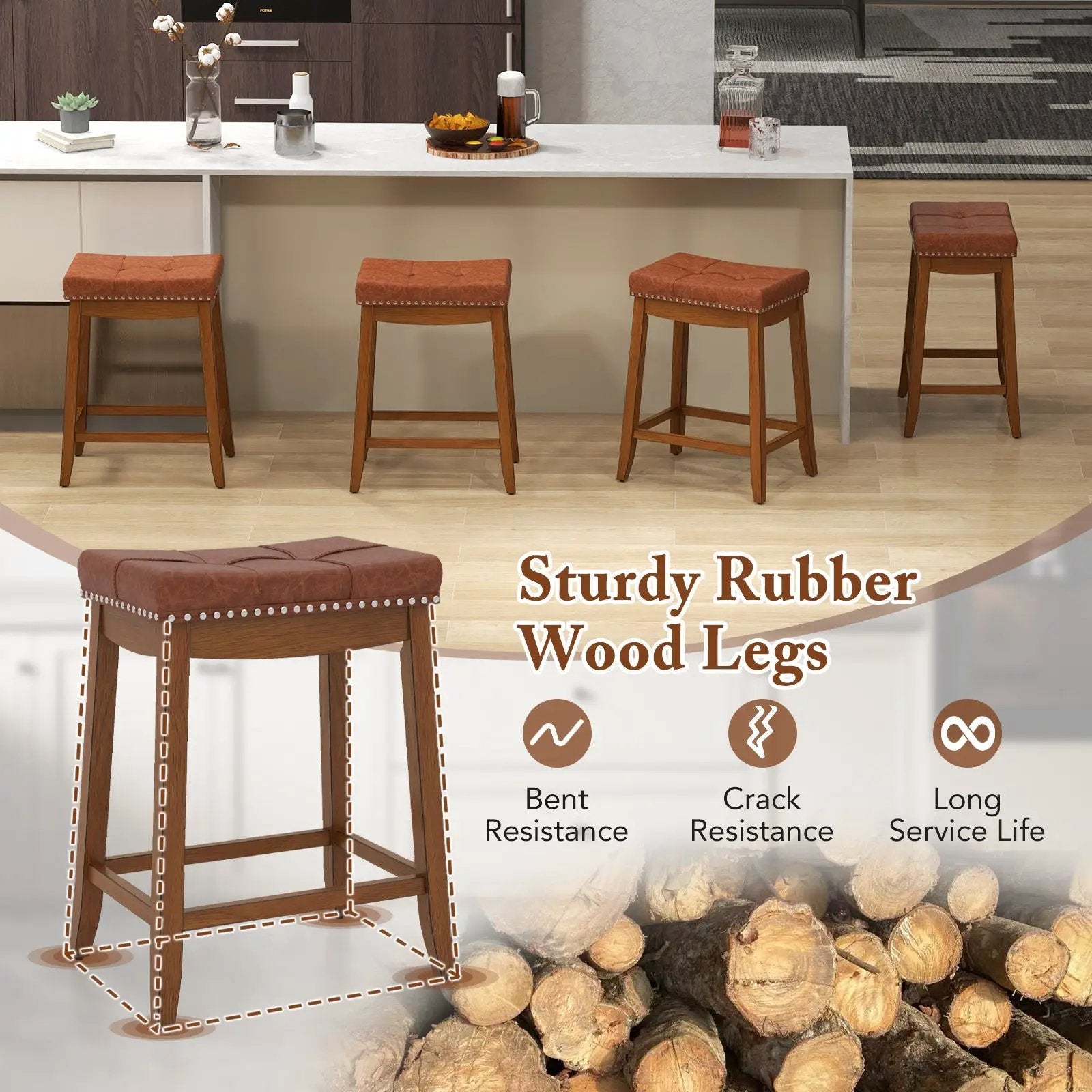 25/29 Inch Set of 2 Upholstered PU Leather Bar Stools with Saddle Seat by DirectDeals