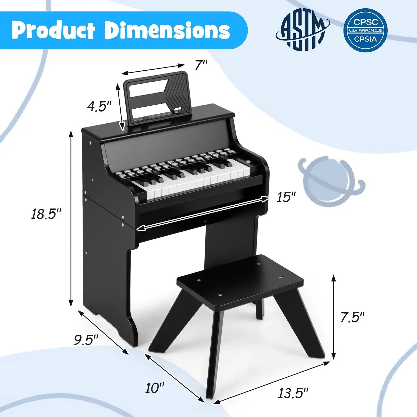 25 Keys Kids Piano Keyboard with Stool Mini Digital Piano Wooden Toy with Adjustable Speed and Volume by DirectDeals