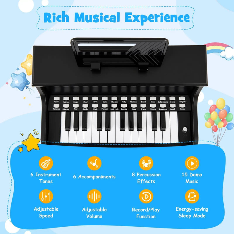 25 Keys Kids Piano Keyboard with Stool Mini Digital Piano Wooden Toy with Adjustable Speed and Volume by DirectDeals