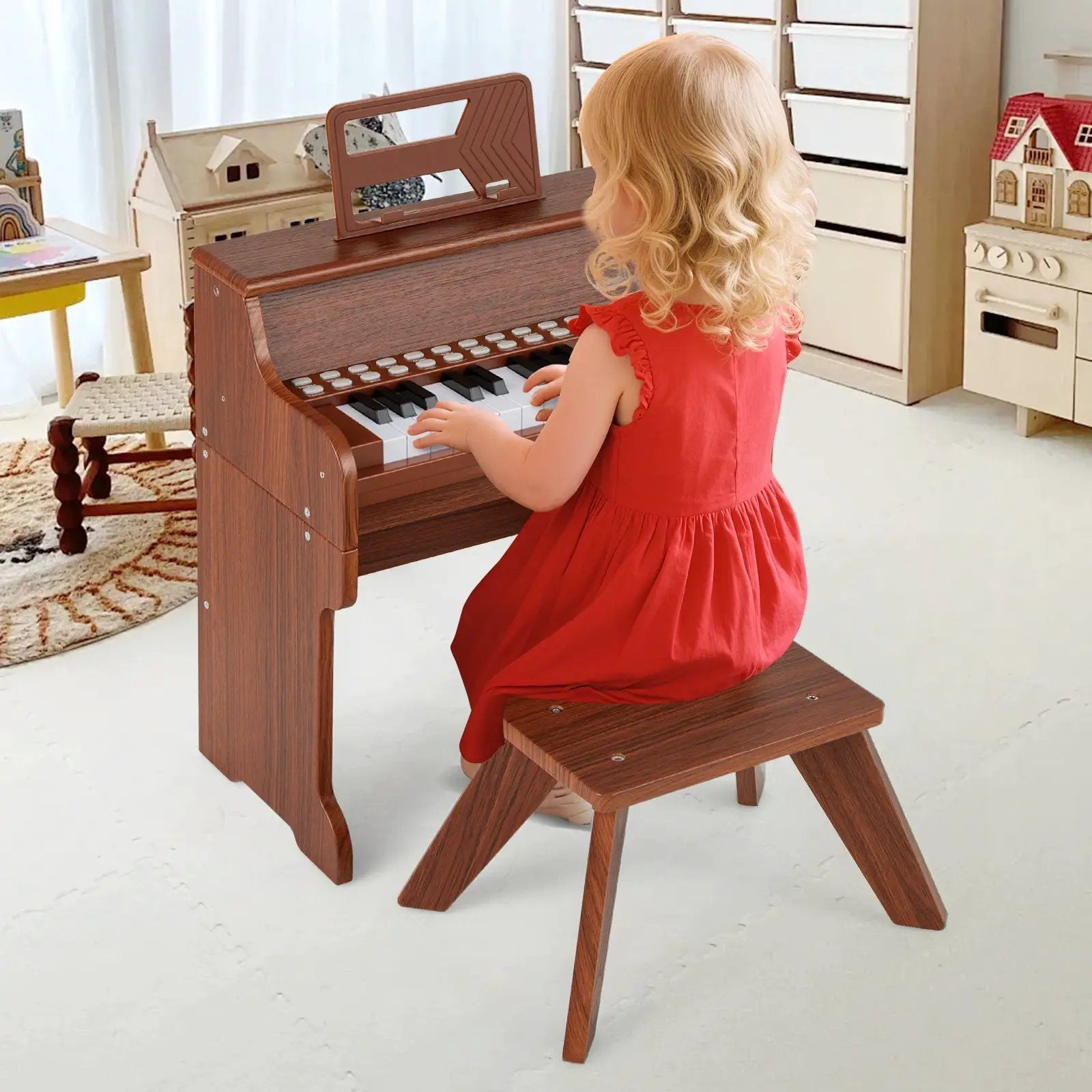 25 Keys Kids Piano Keyboard with Stool Mini Digital Piano Wooden Toy with Adjustable Speed and Volume by DirectDeals