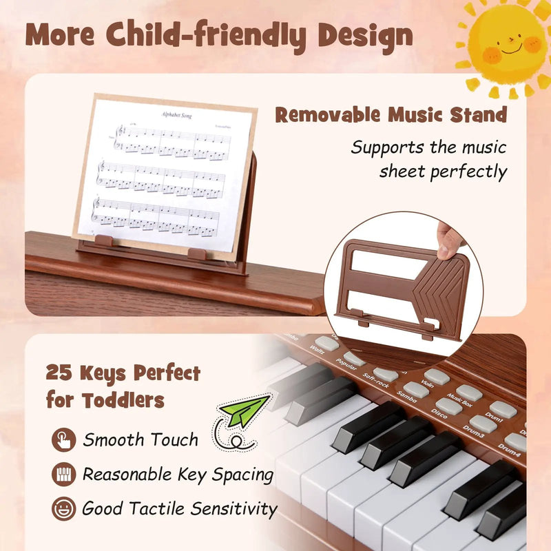 25 Keys Kids Piano Keyboard with Stool Mini Digital Piano Wooden Toy with Adjustable Speed and Volume by DirectDeals