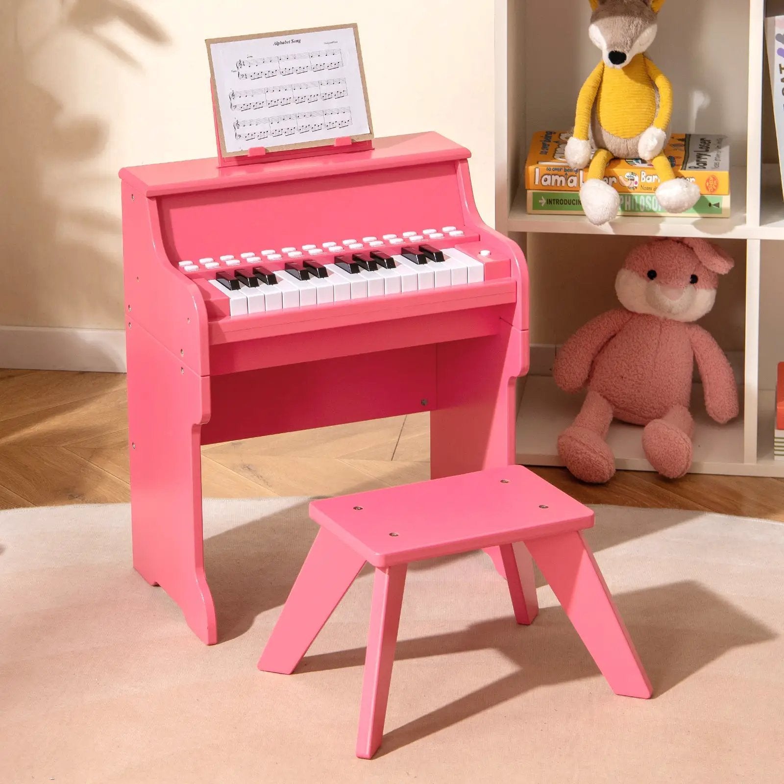 25 Keys Kids Piano Keyboard with Stool Mini Digital Piano Wooden Toy with Adjustable Speed and Volume by DirectDeals