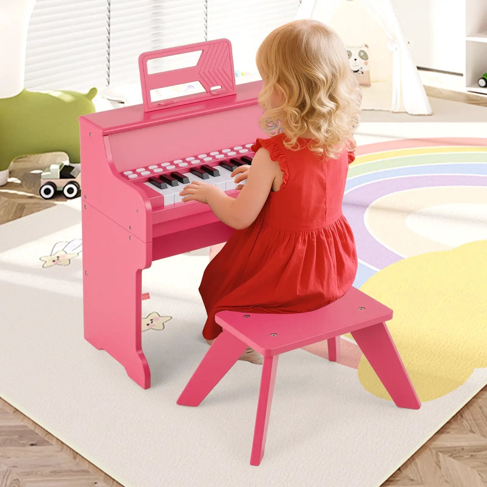 25 Keys Kids Piano Keyboard with Stool Mini Digital Piano Wooden Toy with Adjustable Speed and Volume by DirectDeals