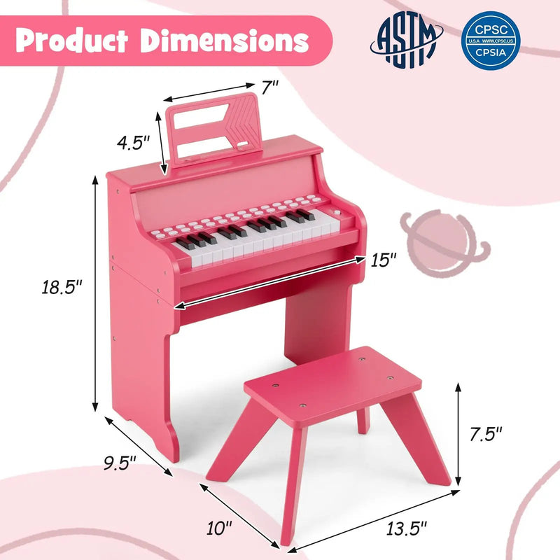 25 Keys Kids Piano Keyboard with Stool Mini Digital Piano Wooden Toy with Adjustable Speed and Volume by DirectDeals