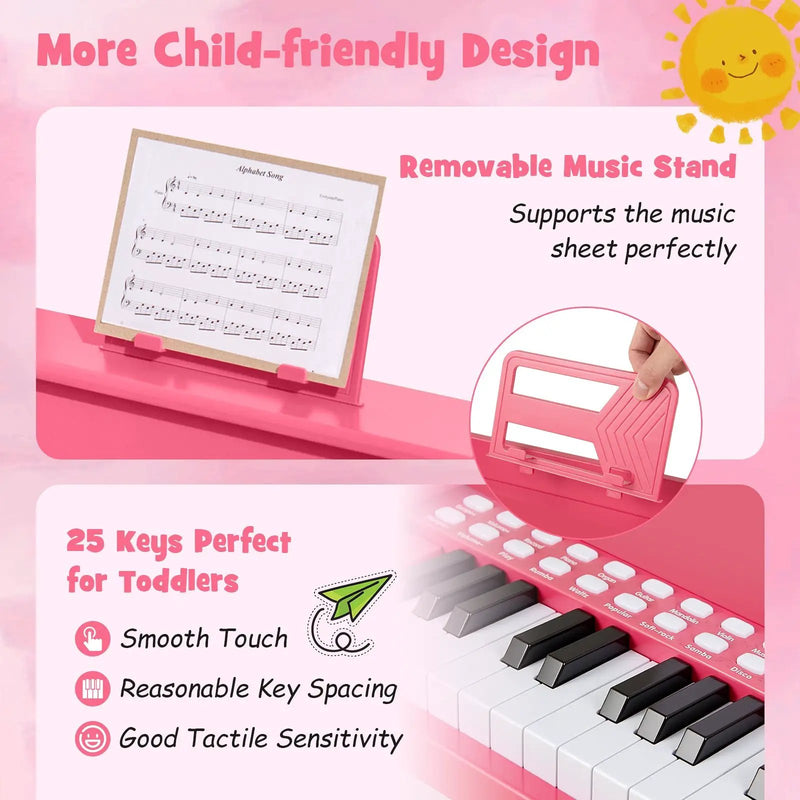 25 Keys Kids Piano Keyboard with Stool Mini Digital Piano Wooden Toy with Adjustable Speed and Volume by DirectDeals