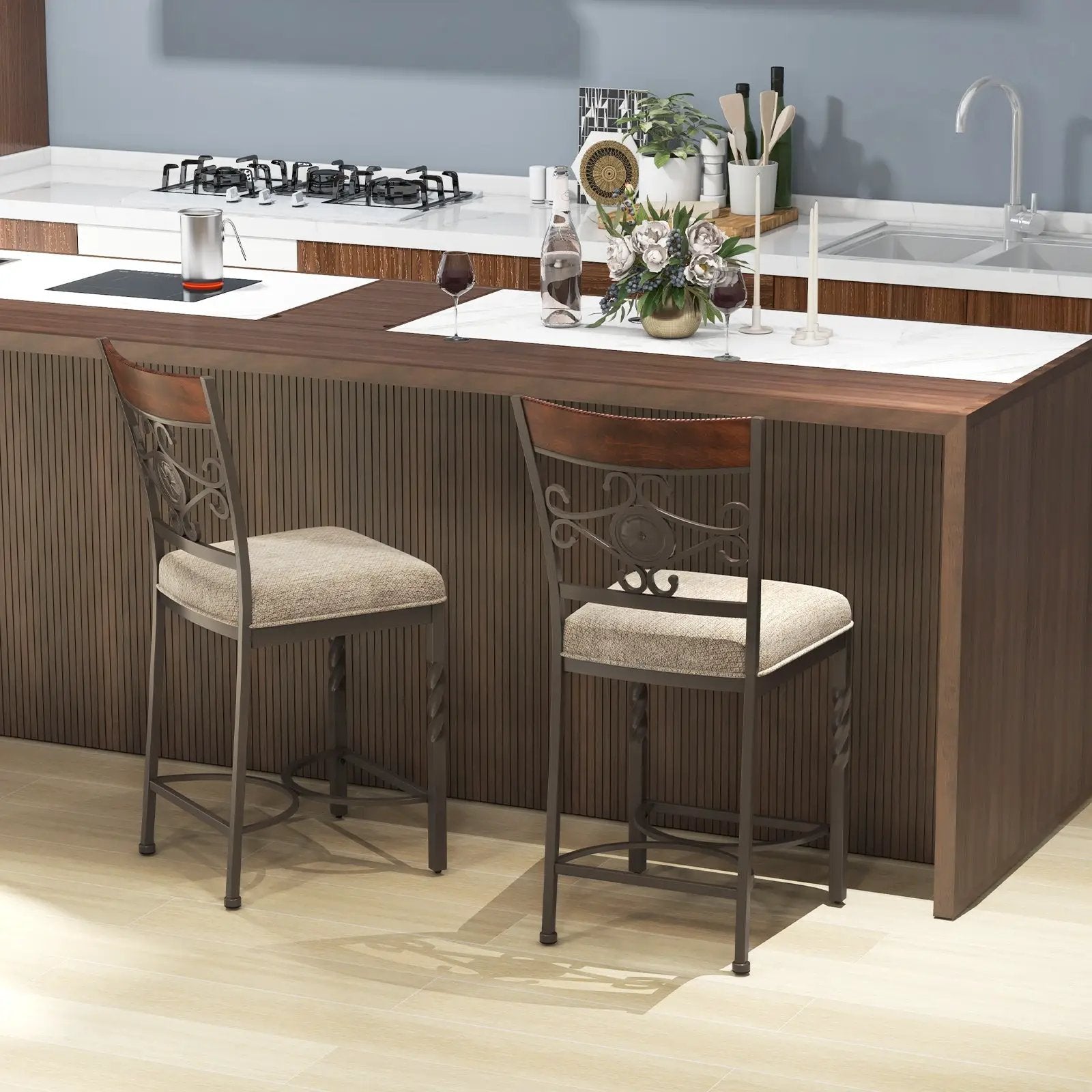 Set of 2 25 inches Bar Stools with Rust-proof Metal Frame and Soft Sponge Seat-Brown by DirectDeals