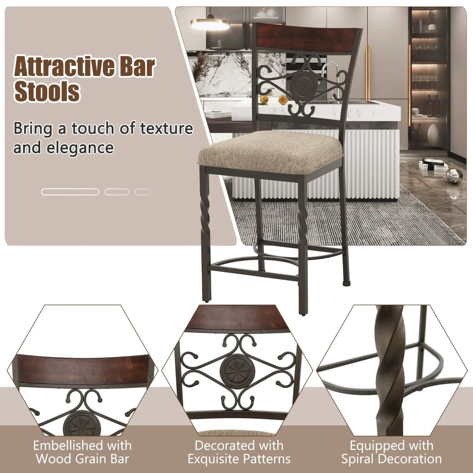 Set of 2 25 inches Bar Stools with Rust-proof Metal Frame and Soft Sponge Seat-Brown by DirectDeals
