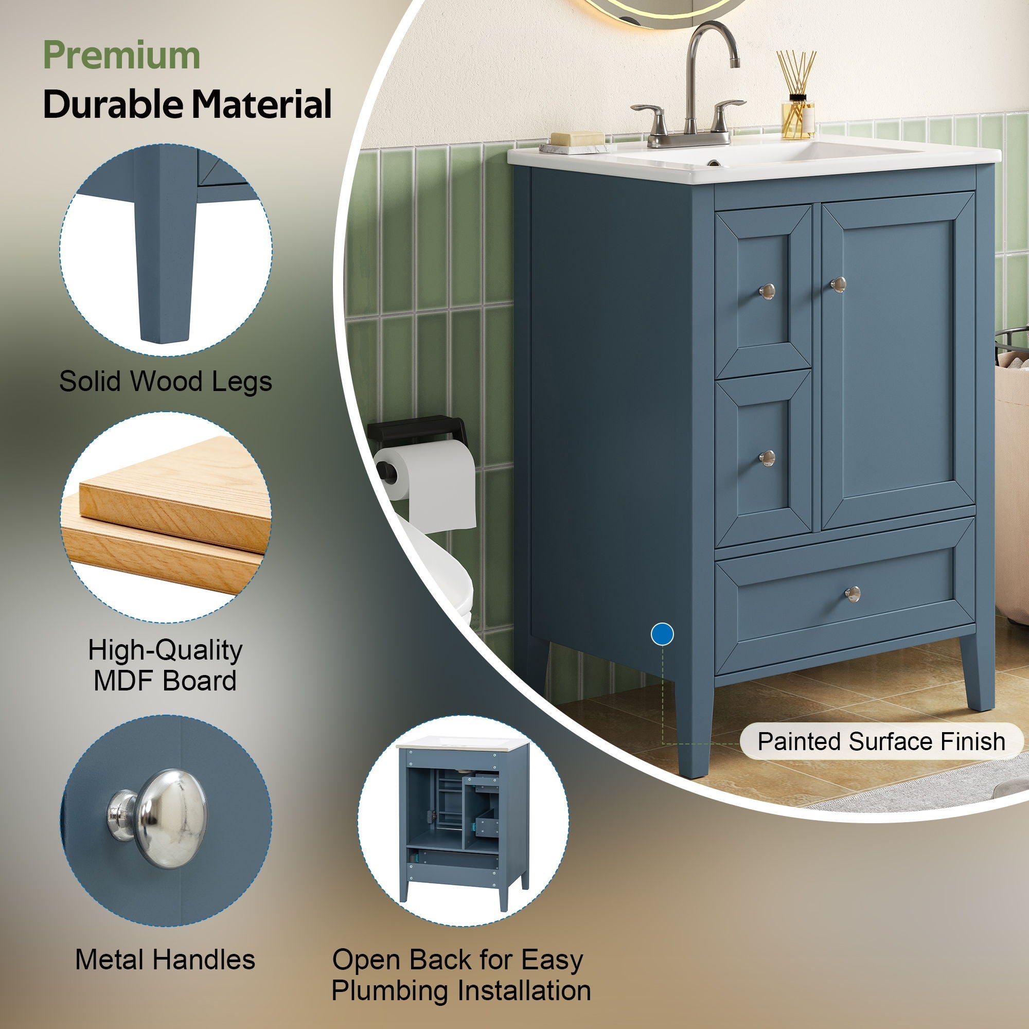 Modern Bathroom Vanity With Sink, Soft Close Drawers & Door, Storage Rack by HouseOfZazla