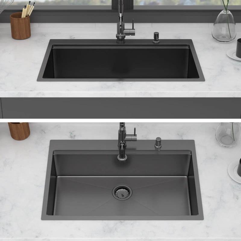 Drop In Kitchen Sink With Pull Out Faucet And Soap Dispenser, Single Bowl Topmount Sink - Gunmetal Black by HouseOfZazla
