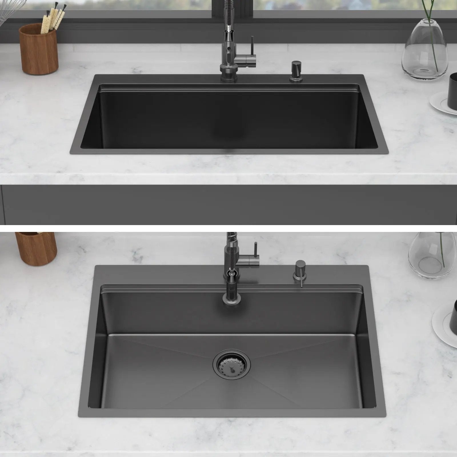 Drop In Workstation Sink Topmount Single Bowl With Pull Out Faucet And Soap Dispenser - Gunmetal Black by HouseOfZazla