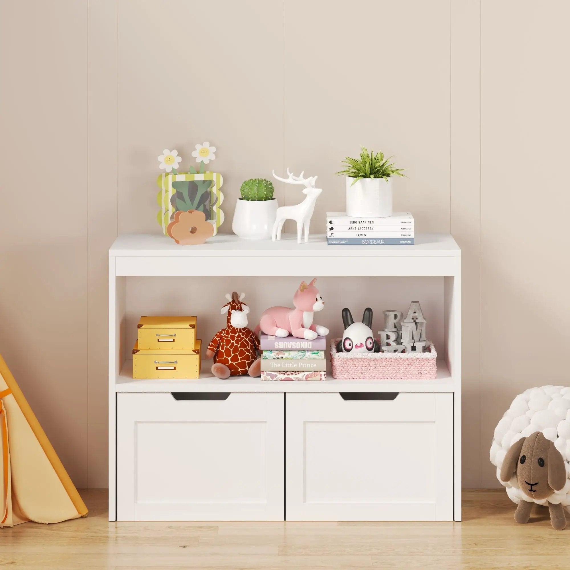 Book Organizer With Large Drawers And Open Shelves, Toy Storage Cabinet - White by HouseOfZazla
