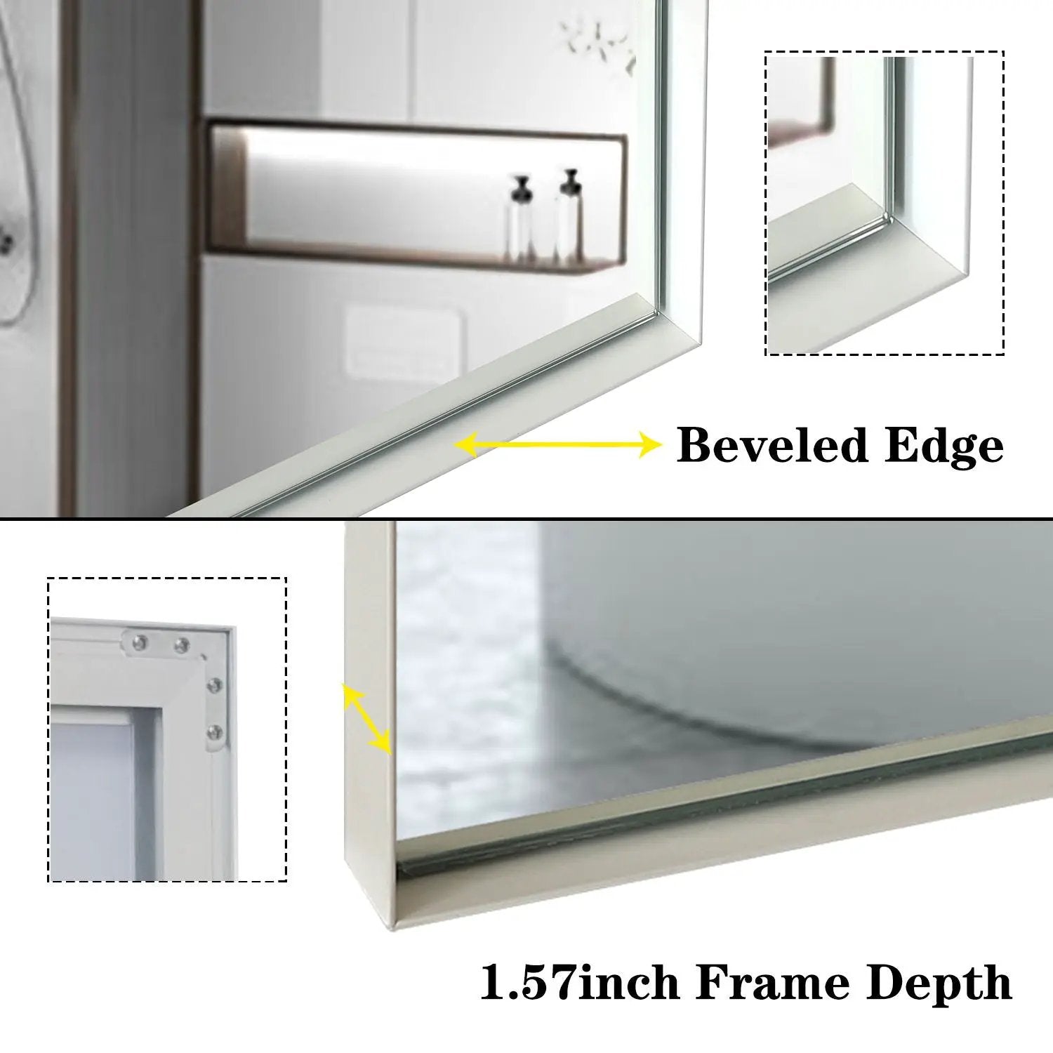 Rectangular Wall-Mounted Beveled Bathroom Mirror, Square Angle Metal Frame Wall Mounted Bathroom Mirrors For Wall (Horizontal & Vertical) - Glossy White by HouseOfZazla