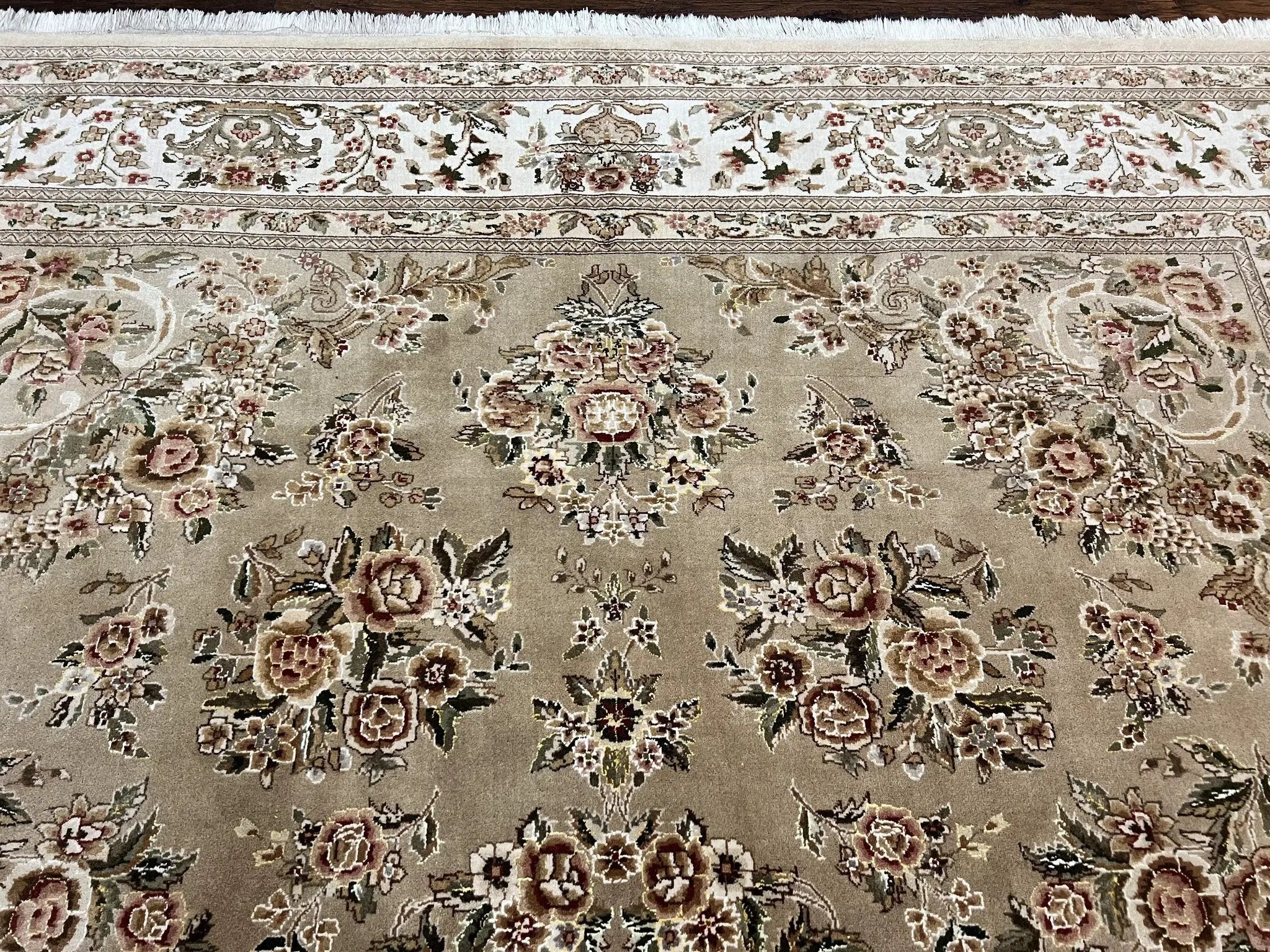 Sino Persian Rug 8x10, Soft Wool, Silk Highlights, Hand Knotted Vintage Carpet, Taupe & Ivory, Floral, Traditional Rug 8 x 10 by Jewel Rugs