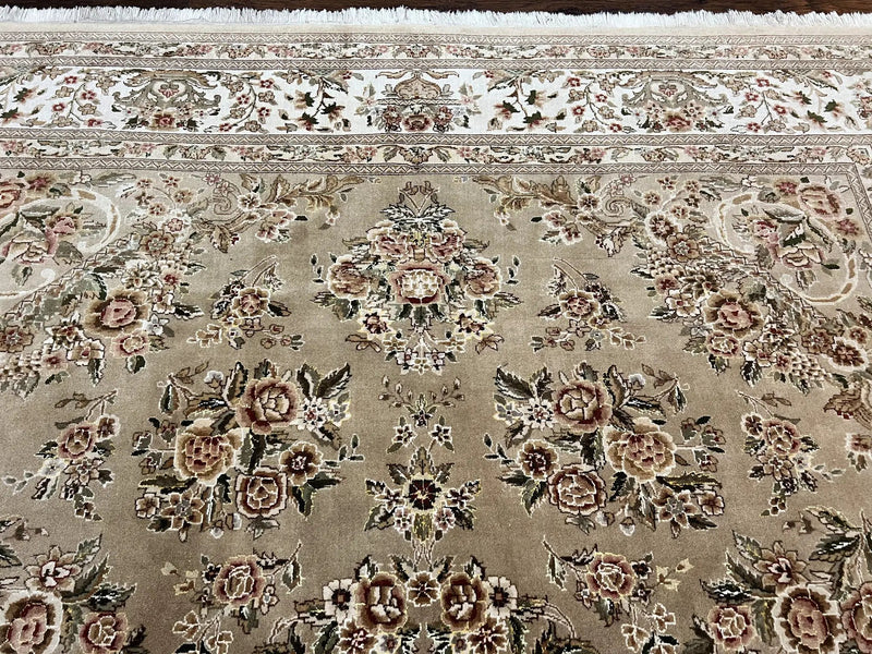 Sino Persian Rug 8x10, Soft Wool, Silk Highlights, Hand Knotted Vintage Carpet, Taupe & Ivory, Floral, Traditional Rug 8 x 10 by Jewel Rugs