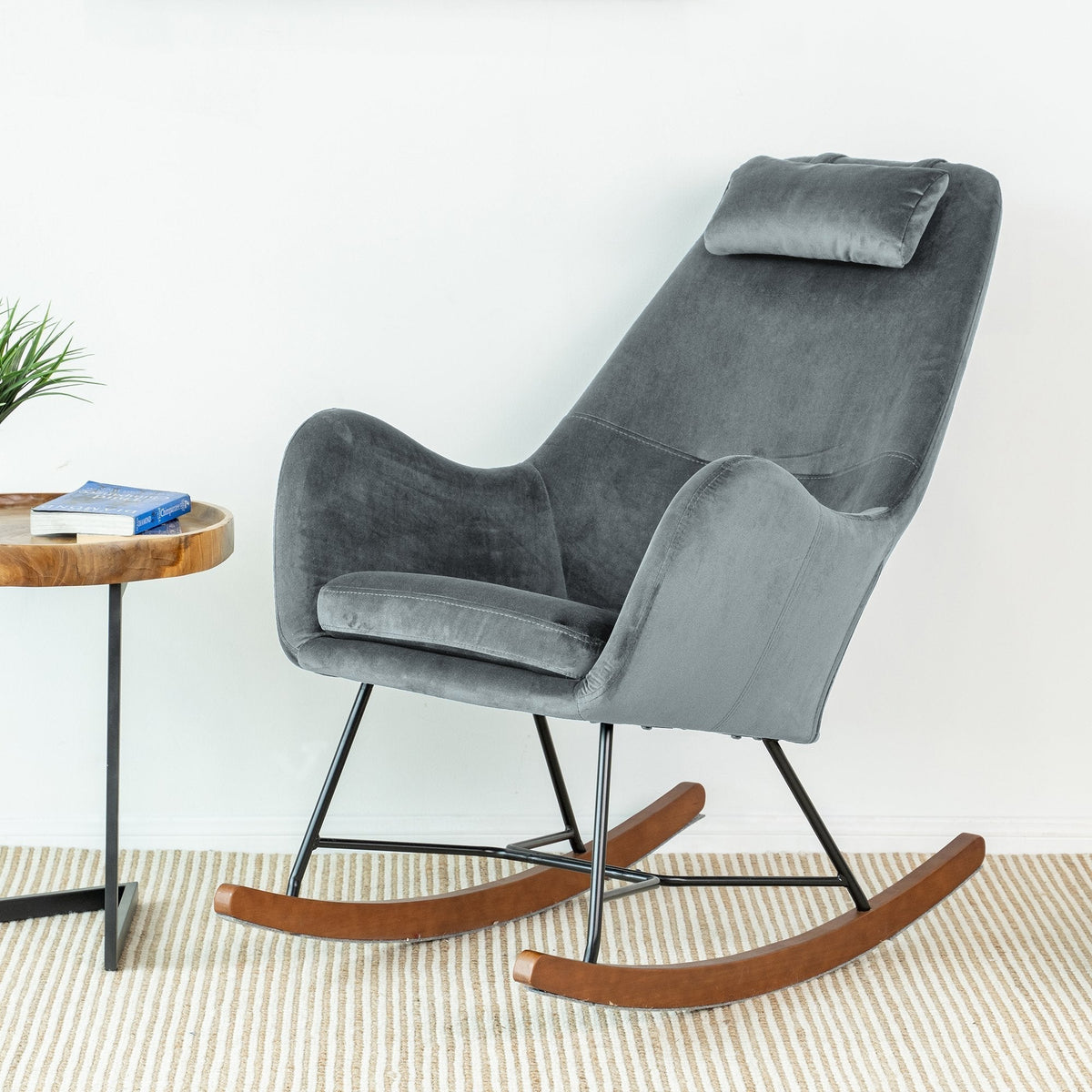 Mid Century Modern Rocking Chair with Velvet Upholstery - Dark Grey, photo 3 of 10