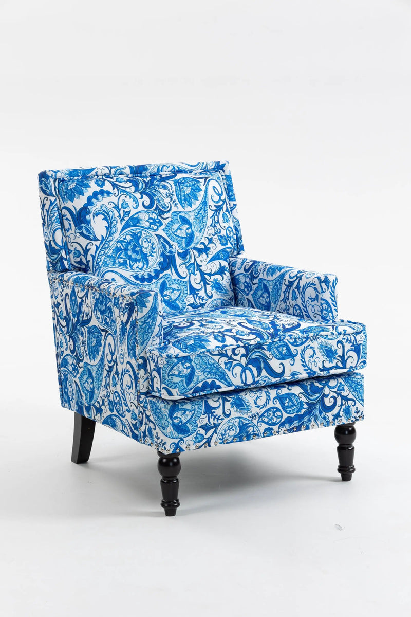 Upholstered Accent Chair with Blue and White Porcelain Print Linen Fabric by HouseOfZazla