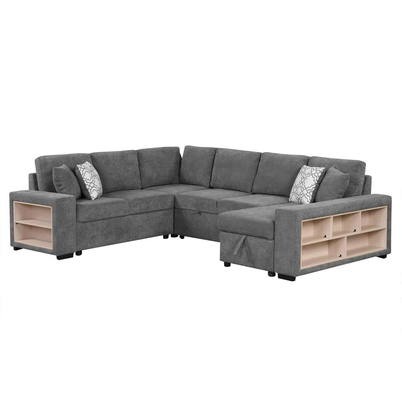 U-Shaped Sectional Sofa Pull-Out Sofa Bed With Two USB Ports, A Storage Chaise Lounge And Four Back Pillows For Living Room by HouseOfZazla