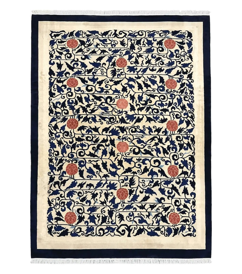 Antique Chinese Peking Rug 10x14, Beige Black, Handmade Wool Art Deco Carpet by Jewel Rugs