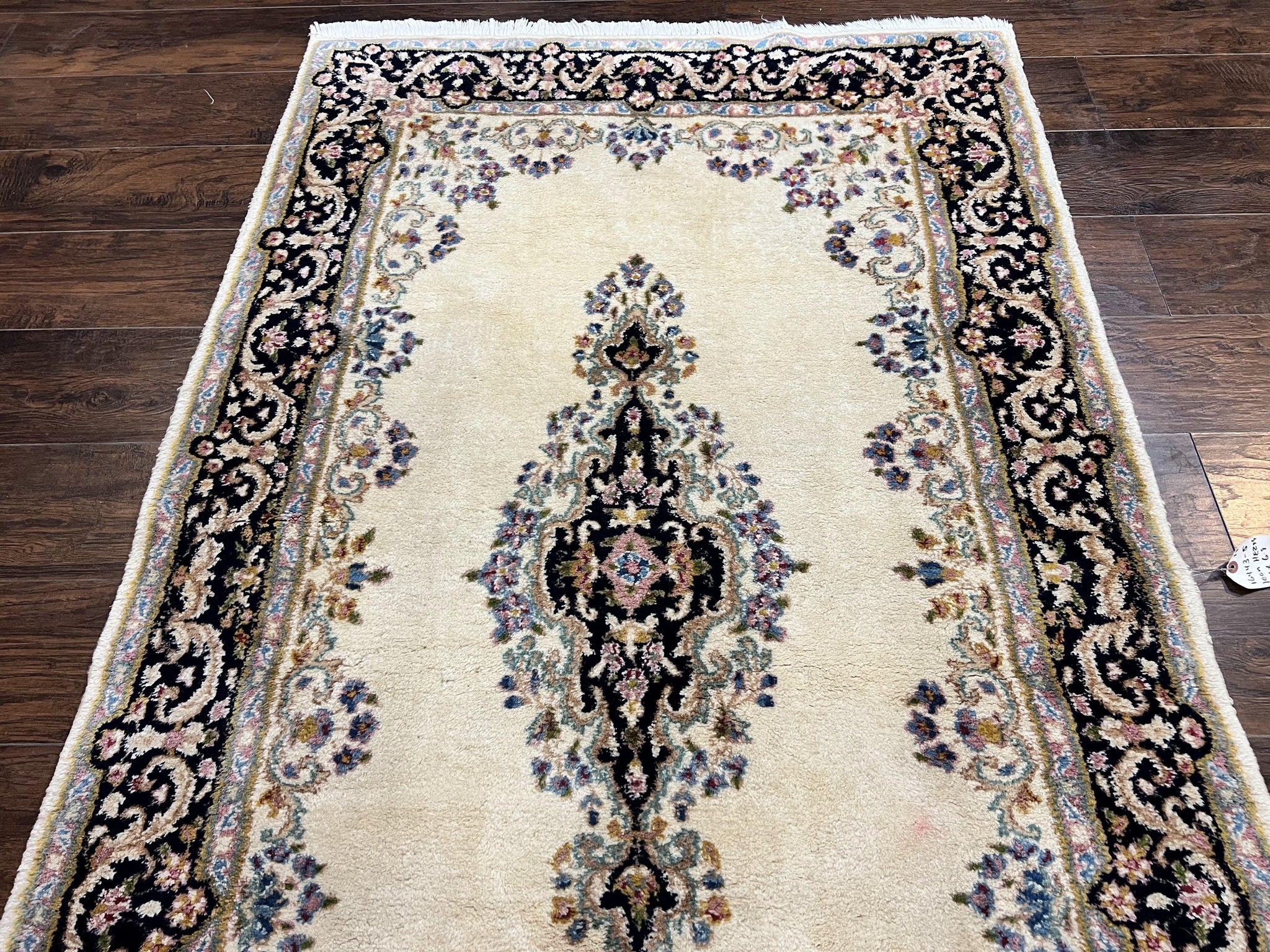 Persian Kirman Rug 4x7, Wool Hand Knotted Antique Carpet, Beige, Semi Open Field Medallion Rug, Traditional Handmade Oriental Rug by Jewel Rugs