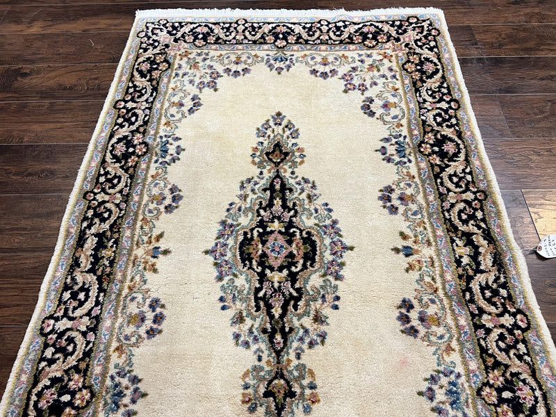 Persian Kirman Rug 4x7, Wool Hand Knotted Antique Carpet, Beige, Semi Open Field Medallion Rug, Traditional Handmade Oriental Rug by Jewel Rugs