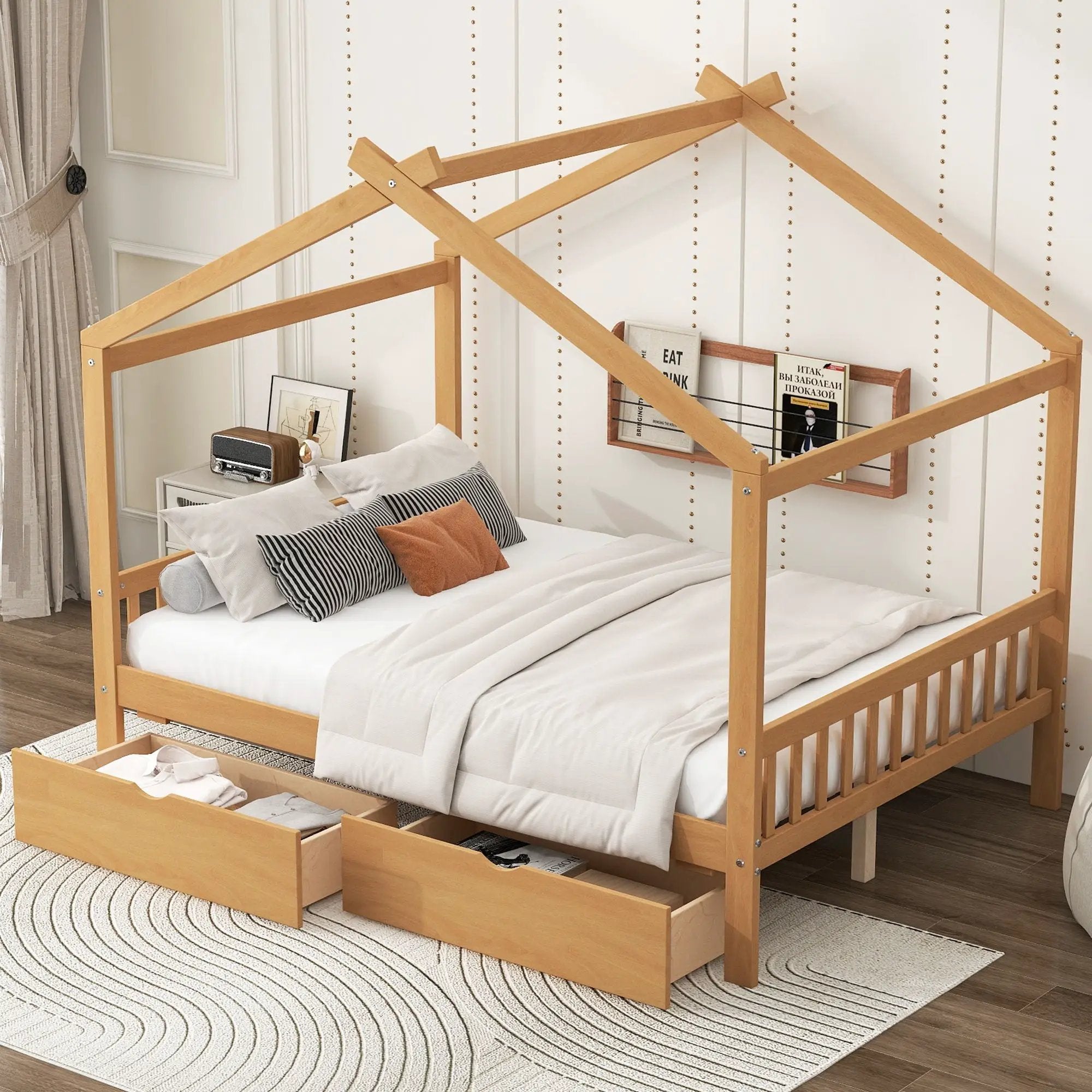 House Style Platform Bed With Headboard, Footboard, 2 Drawers, And Roof Design by Unique Piece Furniture
