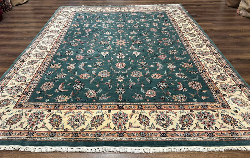 Indo Persian Rug 8x10, Green and Beige Oriental Carpet, Traditional Wool Area Rug, Floral Allover Pattern by Jewel Rugs