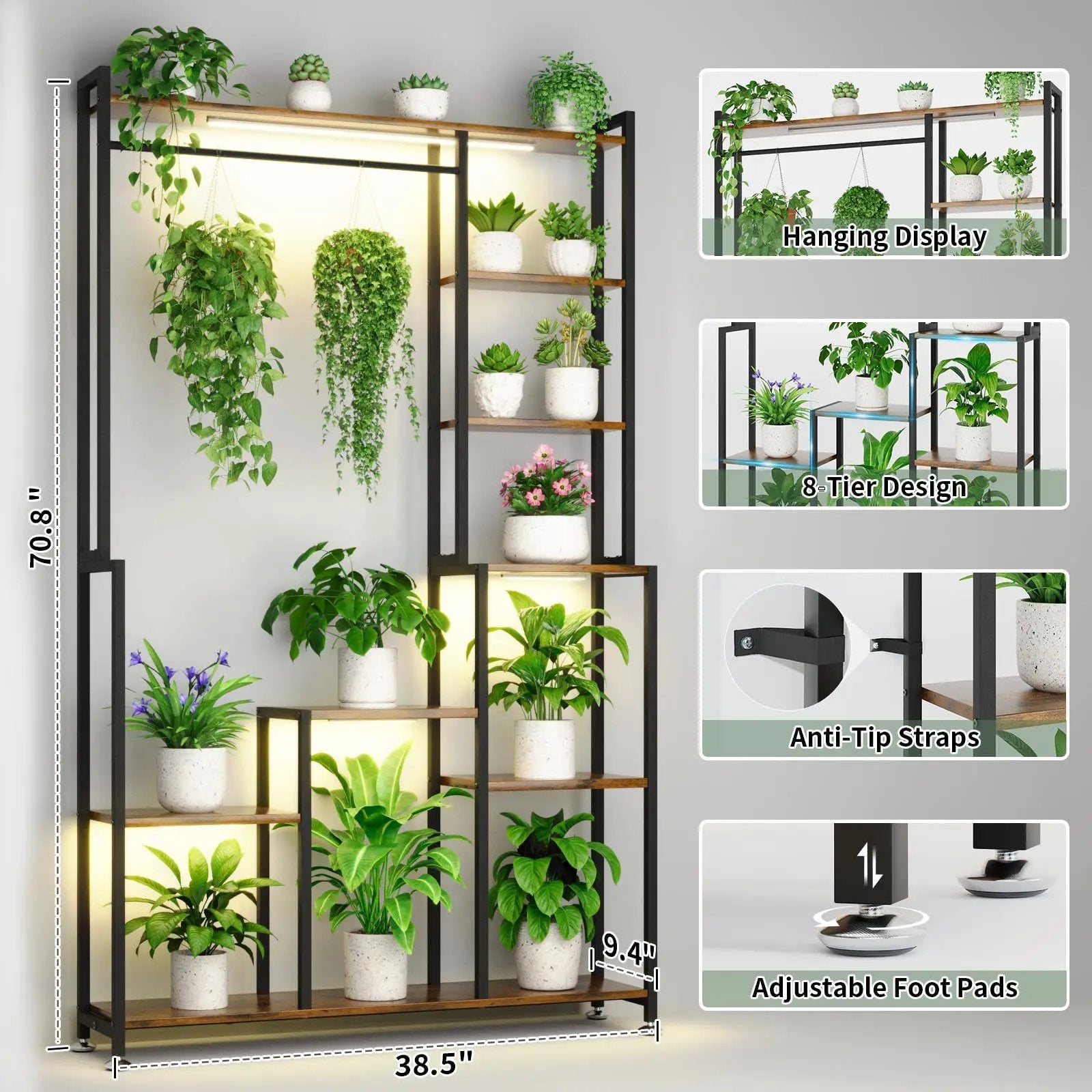 Large Plant Stand Indoor With Grow Light, Tall Plant Shelf, 8 Tiered Heavy Duty Metal Plant Stand, Square Flower Stand Display Rack For Living Room - Walnut / Black by Unique Piece Furniture